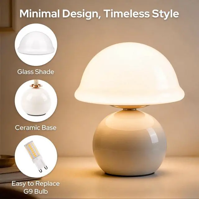 Alt view image 6 of 7 - Mushroom Table Lamp for Bedroom, Cozy Bedside Lamp with Glass Shade, Stepless Dimmable Nightstand Lamp for Relaxing Bedroom Decor & Aesthetic Home (White)