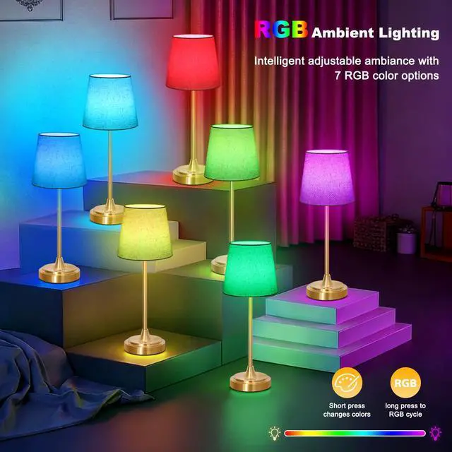 Alt view image 3 of 7 - Cordless Table Lamp Rechargeable,5000mAh Battery Operated Desk Lamp,3 Colors & 7 RGB Stepless Dimmable,Touch Control Ambient Light for Bedside,Bedroom,Dining Room,Living Room,Gold,FlaxenShade