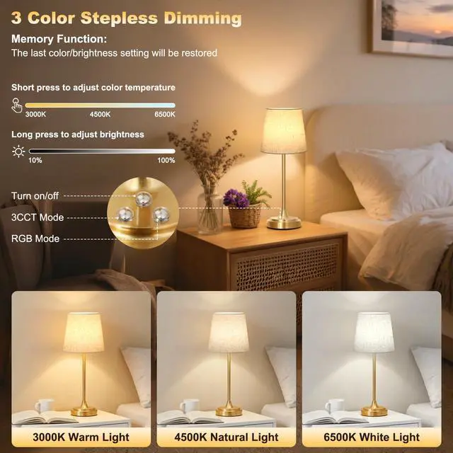 Alt view image 2 of 7 - Cordless Table Lamp Rechargeable,5000mAh Battery Operated Desk Lamp,3 Colors & 7 RGB Stepless Dimmable,Touch Control Ambient Light for Bedside,Bedroom,Dining Room,Living Room,Gold,FlaxenShade