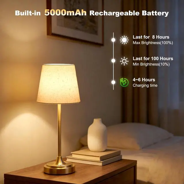 Alt view image 5 of 7 - Cordless Table Lamp Rechargeable,5000mAh Battery Operated Desk Lamp,3 Colors & 7 RGB Stepless Dimmable,Touch Control Ambient Light for Bedside,Bedroom,Dining Room,Living Room,Gold,FlaxenShade