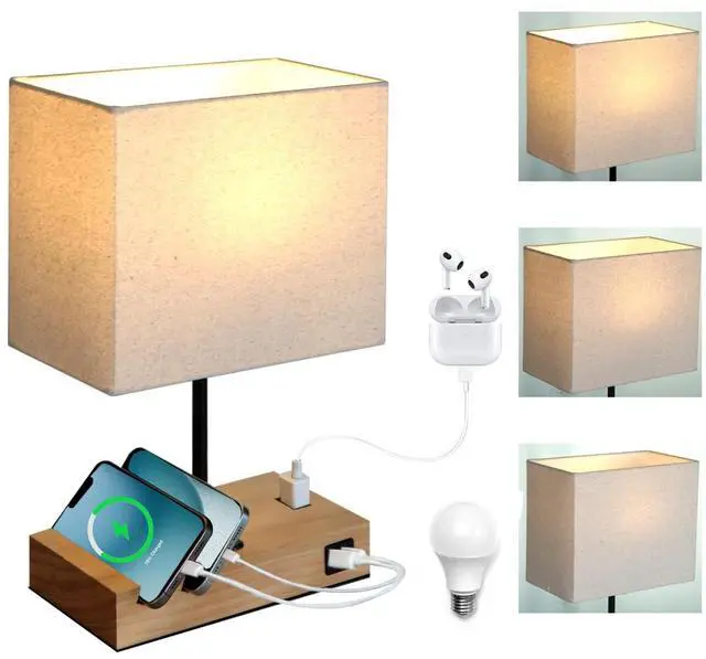 Main image of Touch Nightstand Lamp with USB C Port for Bedroom,Bedside Lamps with Charging Station, Small Table Lamp with Charging Outlets and Phone Stands Bulb Included (Wood)