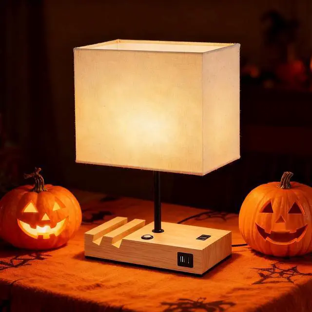 Alt view image 2 of 7 - Touch Nightstand Lamp with USB C Port for Bedroom,Bedside Lamps with Charging Station, Small Table Lamp with Charging Outlets and Phone Stands Bulb Included (Wood)