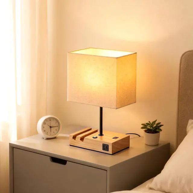 Alt view image 3 of 7 - Touch Nightstand Lamp with USB C Port for Bedroom,Bedside Lamps with Charging Station, Small Table Lamp with Charging Outlets and Phone Stands Bulb Included (Wood)