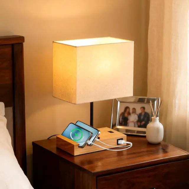 Alt view image 4 of 7 - Touch Nightstand Lamp with USB C Port for Bedroom,Bedside Lamps with Charging Station, Small Table Lamp with Charging Outlets and Phone Stands Bulb Included (Wood)
