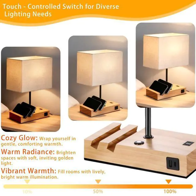 Alt view image 5 of 7 - Touch Nightstand Lamp with USB C Port for Bedroom,Bedside Lamps with Charging Station, Small Table Lamp with Charging Outlets and Phone Stands Bulb Included (Wood)