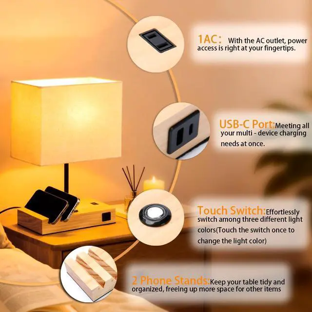 Alt view image 6 of 7 - Touch Nightstand Lamp with USB C Port for Bedroom,Bedside Lamps with Charging Station, Small Table Lamp with Charging Outlets and Phone Stands Bulb Included (Wood)