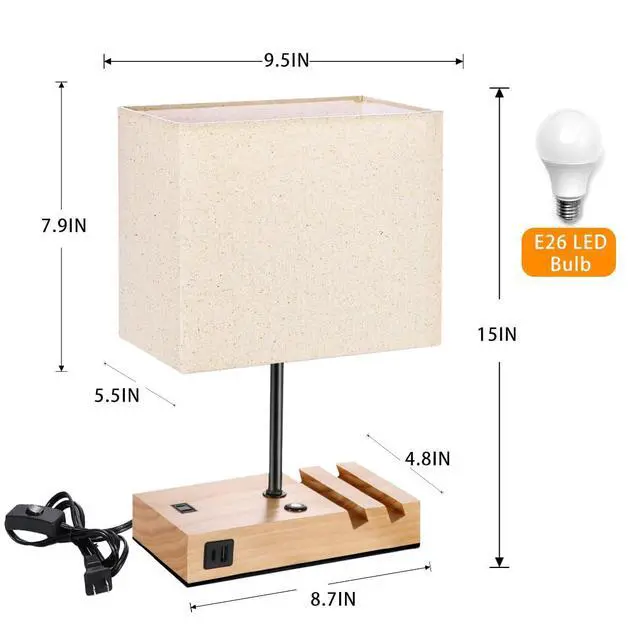 Alt view image 7 of 7 - Touch Nightstand Lamp with USB C Port for Bedroom,Bedside Lamps with Charging Station, Small Table Lamp with Charging Outlets and Phone Stands Bulb Included (Wood)