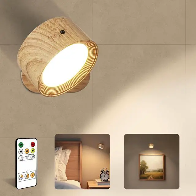 Main image of LED Wall Mounted Lights, Rechargeable Wall Sconces Lamp, 3 Color Temps & Remote and Touch, 360°Rotation Dimmable Cordless Wall Light for Study Bedroom Reading Bedside(Wood, 1 Pack)