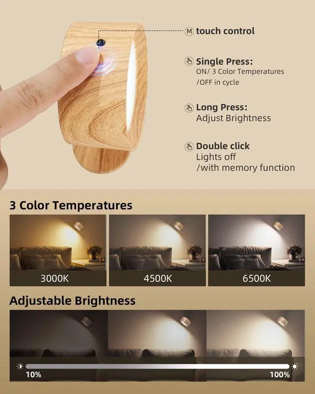 Alt view image 6 of 7 - LED Wall Mounted Lights, Rechargeable Wall Sconces Lamp, 3 Color Temps & Remote and Touch, 360°Rotation Dimmable Cordless Wall Light for Study Bedroom Reading Bedside(Wood, 1 Pack)
