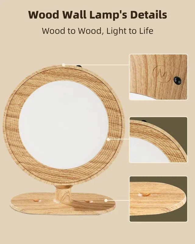 Alt view image 7 of 7 - LED Wall Mounted Lights, Rechargeable Wall Sconces Lamp, 3 Color Temps & Remote and Touch, 360°Rotation Dimmable Cordless Wall Light for Study Bedroom Reading Bedside(Wood, 1 Pack)