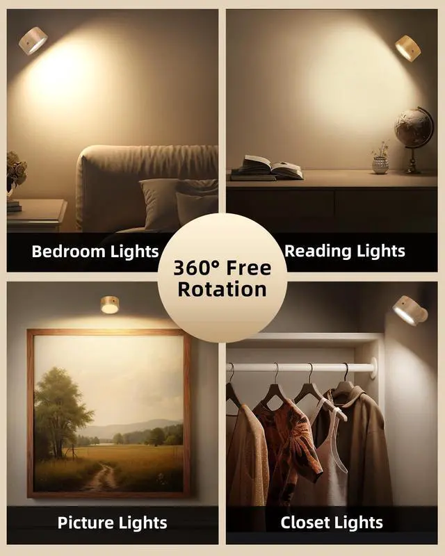 Alt view image 5 of 7 - LED Wall Mounted Lights, Rechargeable Wall Sconces Lamp, 3 Color Temps & Remote and Touch, 360°Rotation Dimmable Cordless Wall Light for Study Bedroom Reading Bedside(Wood, 1 Pack)