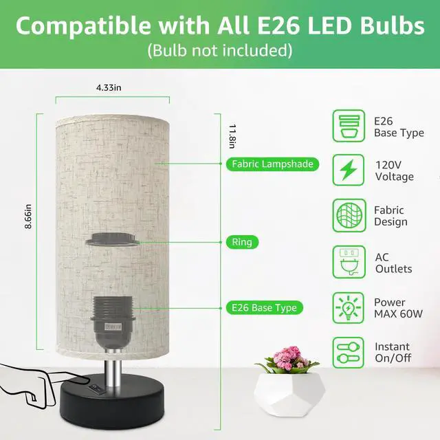 Alt view image 2 of 7 - Bedside Table Lamp, Mini Minimalist, Flaxen Fabric Shade, 2 Pack