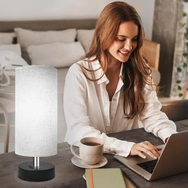 Alt view image 5 of 7 - Bedside Table Lamp, Mini Minimalist, Flaxen Fabric Shade, 2 Pack