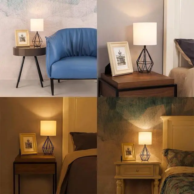 Alt view image 5 of 7 - Black Bedside Table Lamp,Small Nightstand Lamp for Bedroom,Modern Desk Lamp with TC Fabric Shade Geometric Metal Base for Living Room Study Office Farmhouse