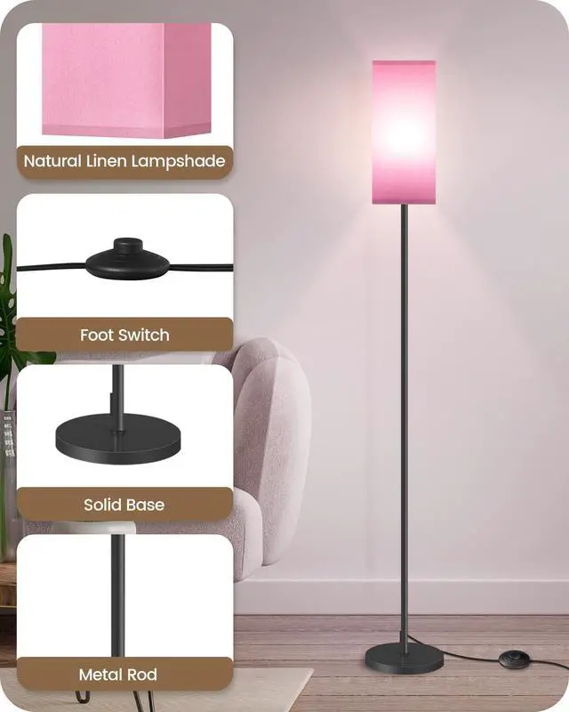 Alt view image 7 of 7 - Floor Lamp, Pole with Foot Switch, Modern Standing Lamp Shade, Minimalist Freestanding Lamp (Bulb Not Included), for Living Room, Bedroom Office ETL Listed, Black and Pink P07LD05