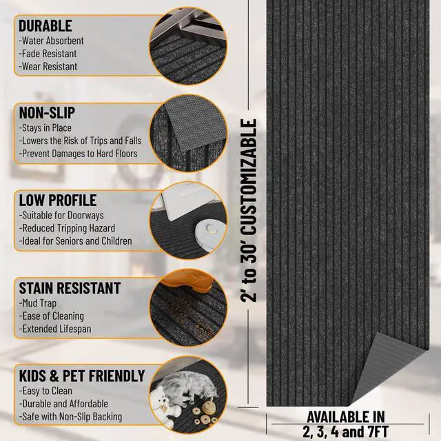 Alt view image 3 of 7 - 2' x 6' Hallway Runner with Scraper Pile Extra Durable Non-Slip Rug Mat for Indoor & Outdoor Use - Ideal for Kitchen, Entryway, Patio & Garage - High-Traffic Carpet, Black