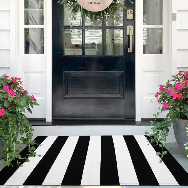 Main image of Black White Striped Rug -27.5" X 43" Front Door Mats Outdoor,Washable Rug for Front Porch Decor,Spring Summer Welcome Mats Outdoor Indoor, Doormat for Farmhouse/Entryway/Home Entrance
