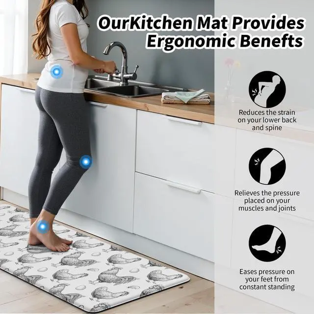Alt view image 3 of 7 - Farmhouse Kitchen Mat Rooster Rugs for Kitchen Floor Anti Fatigue Mat for Standing Desk Office Kitchen Floor Mats Non Slip Waterproof 17.3 x 29 x 0.47 inch