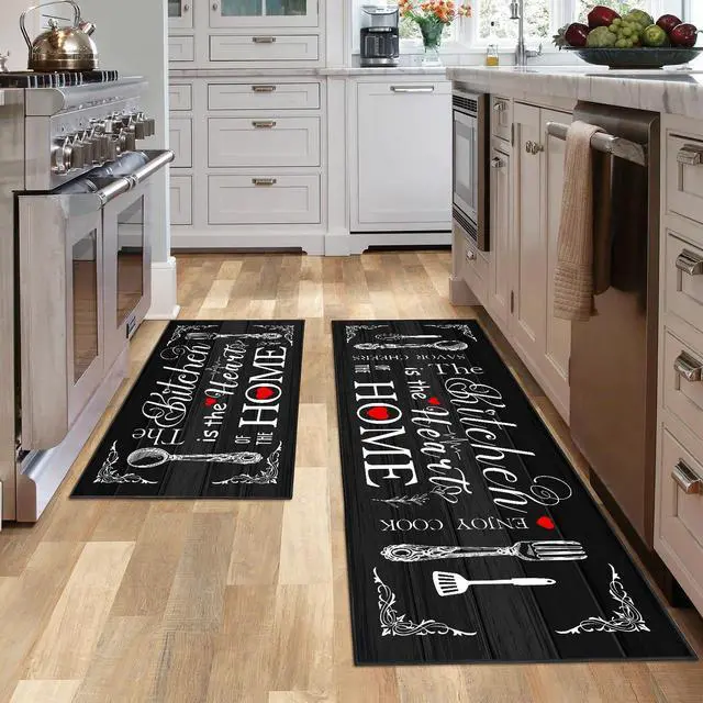 Main image of Farmhouse Kitchen Rug 2 Piece Set, Black and White Rustic Kitchen Decor Rugs, Non-Slip, Absorbent, Washable Floor Mats, Home Indoor Runner Carpet (Black, 17x30+17x47 Inches)