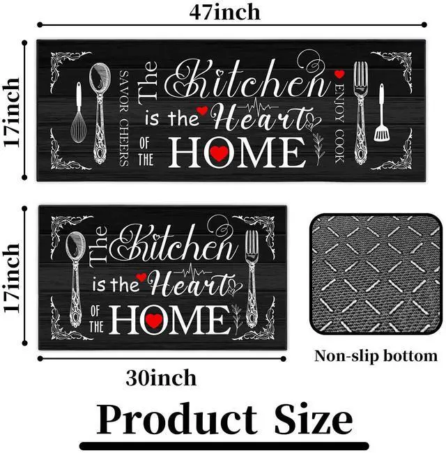 Alt view image 4 of 7 - Farmhouse Kitchen Rug 2 Piece Set, Black and White Rustic Kitchen Decor Rugs, Non-Slip, Absorbent, Washable Floor Mats, Home Indoor Runner Carpet (Black, 17x30+17x47 Inches)
