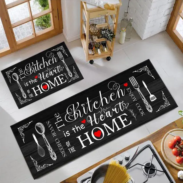 Alt view image 2 of 7 - Farmhouse Kitchen Rug 2 Piece Set, Black and White Rustic Kitchen Decor Rugs, Non-Slip, Absorbent, Washable Floor Mats, Home Indoor Runner Carpet (Black, 17x30+17x47 Inches)