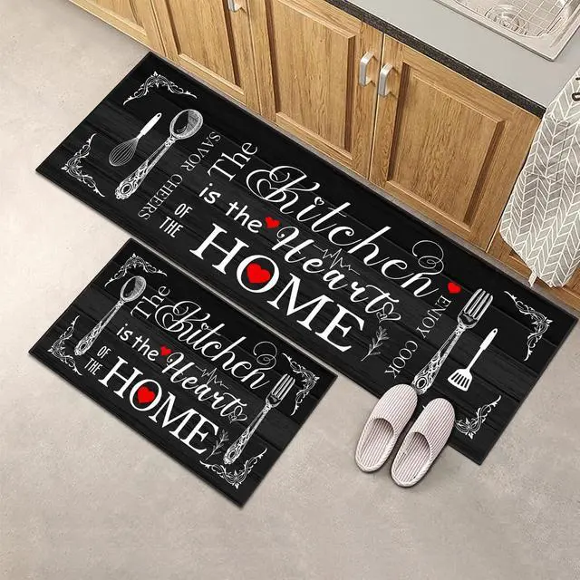 Alt view image 7 of 7 - Farmhouse Kitchen Rug 2 Piece Set, Black and White Rustic Kitchen Decor Rugs, Non-Slip, Absorbent, Washable Floor Mats, Home Indoor Runner Carpet (Black, 17x30+17x47 Inches)