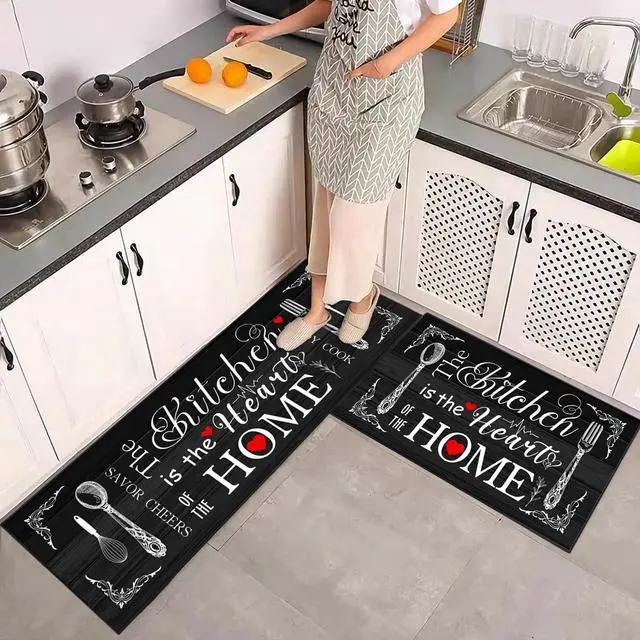 Alt view image 3 of 7 - Farmhouse Kitchen Rug 2 Piece Set, Black and White Rustic Kitchen Decor Rugs, Non-Slip, Absorbent, Washable Floor Mats, Home Indoor Runner Carpet (Black, 17x30+17x47 Inches)