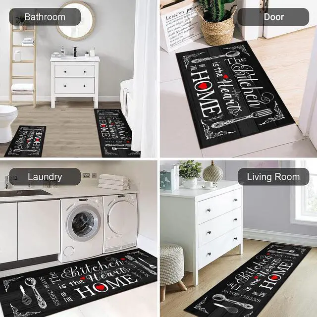 Alt view image 6 of 7 - Farmhouse Kitchen Rug 2 Piece Set, Black and White Rustic Kitchen Decor Rugs, Non-Slip, Absorbent, Washable Floor Mats, Home Indoor Runner Carpet (Black, 17x30+17x47 Inches)