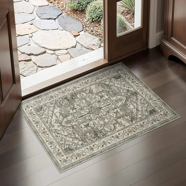 Main image of Indoor Door Mat, Entrance Mat 2x3 Machine Washable Rubber Backing Entry Mats Soft Foldable, Vintage Farmhouse Rugs Decor, Small Floor Mat Doormat for Entryway Kitchen Bathroom, Brown Lvory