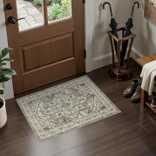 Alt view image 3 of 7 - Indoor Door Mat, Entrance Mat 2x3 Machine Washable Rubber Backing Entry Mats Soft Foldable, Vintage Farmhouse Rugs Decor, Small Floor Mat Doormat for Entryway Kitchen Bathroom, Brown Lvory