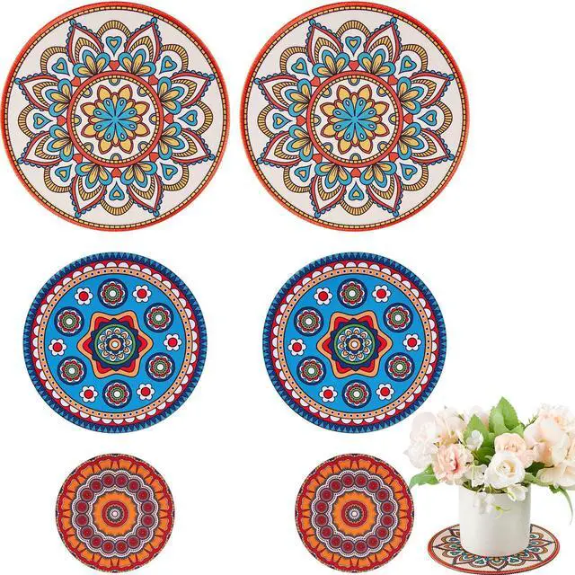 Main image of 6 Pcs Boho Plant Coasters 3 Size 3.94" 5.9" 7.87" Rubber Absorbent Non Slip Pot Mats Indoor Round Plant Decorative Pads Gardening Outdoor Patio Mandala Flower Protect Mat for Table Desk Floor