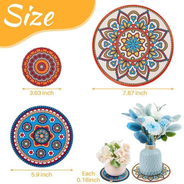 Alt view image 2 of 7 - 6 Pcs Boho Plant Coasters 3 Size 3.94" 5.9" 7.87" Rubber Absorbent Non Slip Pot Mats Indoor Round Plant Decorative Pads Gardening Outdoor Patio Mandala Flower Protect Mat for Table Desk Floor
