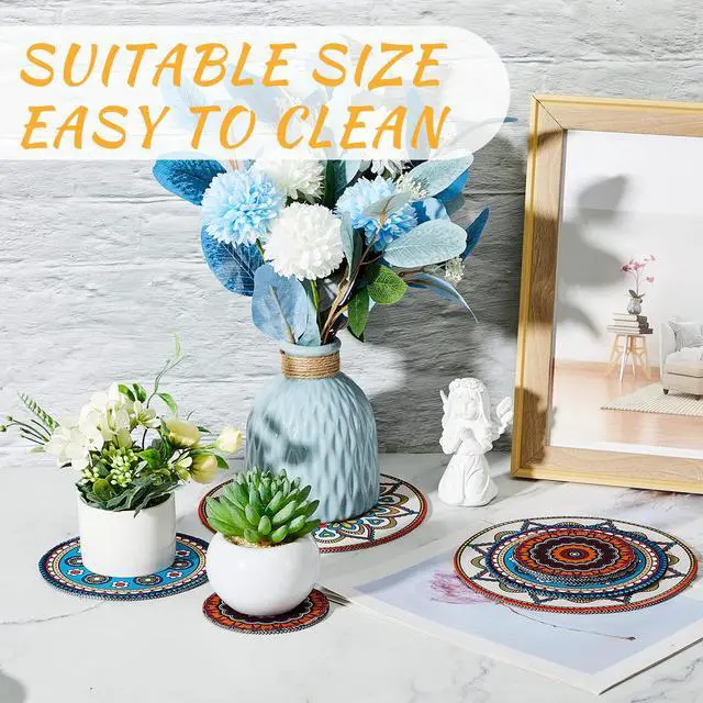 Alt view image 6 of 7 - 6 Pcs Boho Plant Coasters 3 Size 3.94" 5.9" 7.87" Rubber Absorbent Non Slip Pot Mats Indoor Round Plant Decorative Pads Gardening Outdoor Patio Mandala Flower Protect Mat for Table Desk Floor