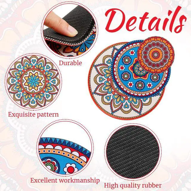 Alt view image 3 of 7 - 6 Pcs Boho Plant Coasters 3 Size 3.94" 5.9" 7.87" Rubber Absorbent Non Slip Pot Mats Indoor Round Plant Decorative Pads Gardening Outdoor Patio Mandala Flower Protect Mat for Table Desk Floor