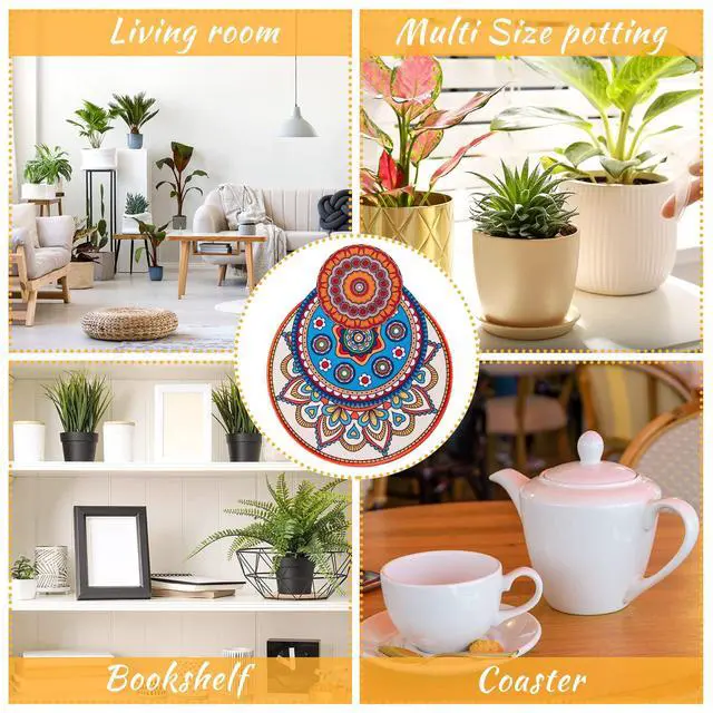 Alt view image 7 of 7 - 6 Pcs Boho Plant Coasters 3 Size 3.94" 5.9" 7.87" Rubber Absorbent Non Slip Pot Mats Indoor Round Plant Decorative Pads Gardening Outdoor Patio Mandala Flower Protect Mat for Table Desk Floor