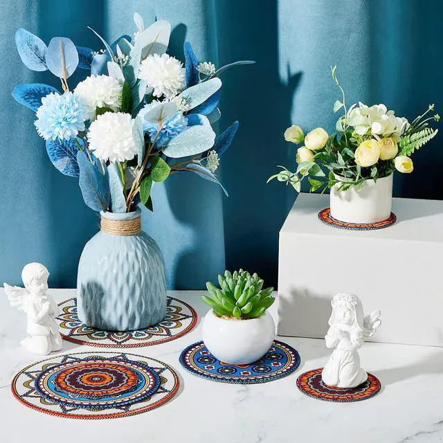 Alt view image 5 of 7 - 6 Pcs Boho Plant Coasters 3 Size 3.94" 5.9" 7.87" Rubber Absorbent Non Slip Pot Mats Indoor Round Plant Decorative Pads Gardening Outdoor Patio Mandala Flower Protect Mat for Table Desk Floor