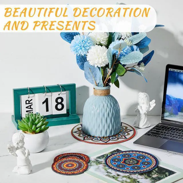 Alt view image 4 of 7 - 6 Pcs Boho Plant Coasters 3 Size 3.94" 5.9" 7.87" Rubber Absorbent Non Slip Pot Mats Indoor Round Plant Decorative Pads Gardening Outdoor Patio Mandala Flower Protect Mat for Table Desk Floor