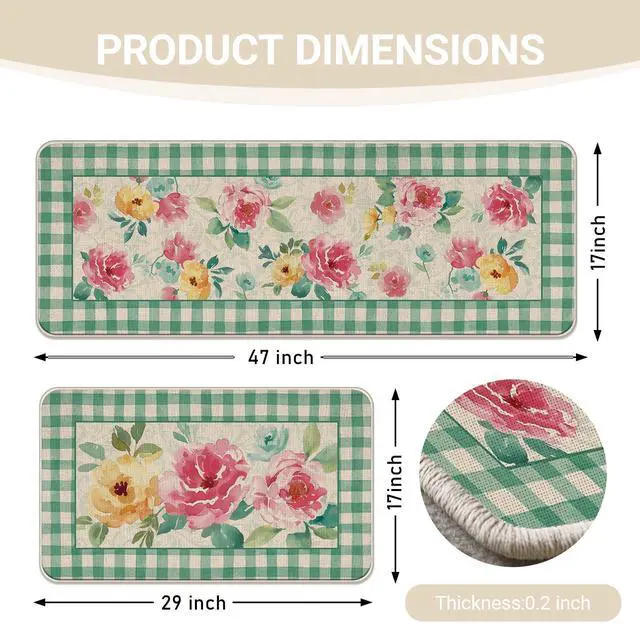 Alt view image 2 of 6 - Watercolor Flowers Kitchen Rugs Set of 2, Botanical Peony Floral Green Buffalo Plaid Farmhouse Floor Mats Home Decor, Spring Summer Door Mat Decorations - 17x29 and 17x47 Inches