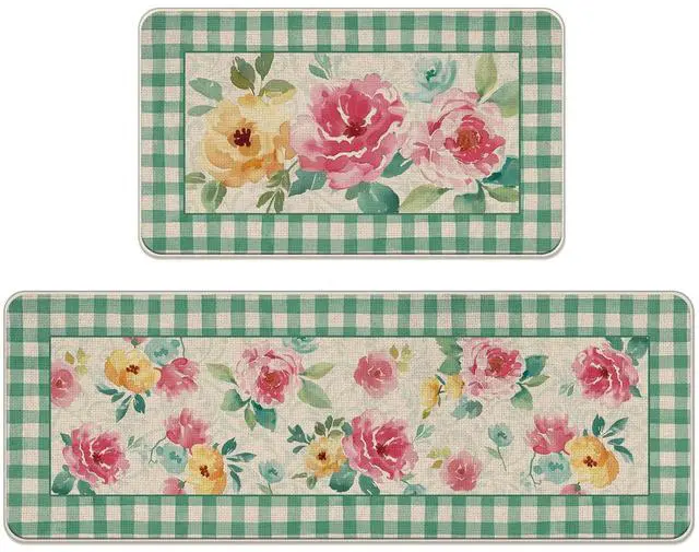 Main image of Watercolor Flowers Kitchen Rugs Set of 2, Botanical Peony Floral Green Buffalo Plaid Farmhouse Floor Mats Home Decor, Spring Summer Door Mat Decorations - 17x29 and 17x47 Inches