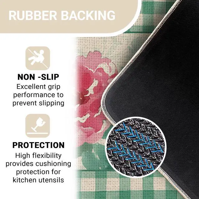 Alt view image 3 of 6 - Watercolor Flowers Kitchen Rugs Set of 2, Botanical Peony Floral Green Buffalo Plaid Farmhouse Floor Mats Home Decor, Spring Summer Door Mat Decorations - 17x29 and 17x47 Inches