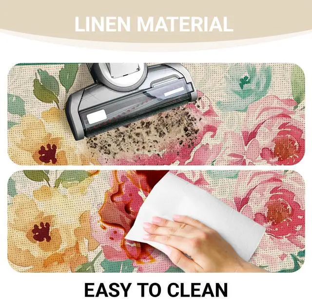 Alt view image 4 of 6 - Watercolor Flowers Kitchen Rugs Set of 2, Botanical Peony Floral Green Buffalo Plaid Farmhouse Floor Mats Home Decor, Spring Summer Door Mat Decorations - 17x29 and 17x47 Inches