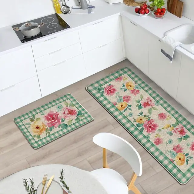 Alt view image 5 of 6 - Watercolor Flowers Kitchen Rugs Set of 2, Botanical Peony Floral Green Buffalo Plaid Farmhouse Floor Mats Home Decor, Spring Summer Door Mat Decorations - 17x29 and 17x47 Inches
