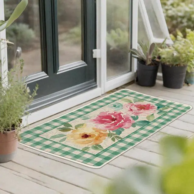 Alt view image 6 of 6 - Watercolor Flowers Kitchen Rugs Set of 2, Botanical Peony Floral Green Buffalo Plaid Farmhouse Floor Mats Home Decor, Spring Summer Door Mat Decorations - 17x29 and 17x47 Inches