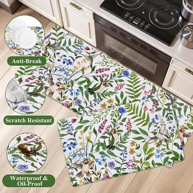 Alt view image 2 of 7 - White Kitchen Mats for Floor Sets of 2, Floral Anti Fatigue Mats for Kitchen Floor Rug Cushioned, Farmhouse Kitchen Rugs Non Slip, Bird Waterproof Mat for Laundry Office, 17.3"×30"+17.3"×47"