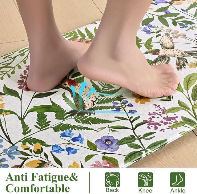 Alt view image 3 of 7 - White Kitchen Mats for Floor Sets of 2, Floral Anti Fatigue Mats for Kitchen Floor Rug Cushioned, Farmhouse Kitchen Rugs Non Slip, Bird Waterproof Mat for Laundry Office, 17.3"×30"+17.3"×47"