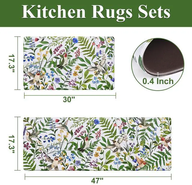 Alt view image 5 of 7 - White Kitchen Mats for Floor Sets of 2, Floral Anti Fatigue Mats for Kitchen Floor Rug Cushioned, Farmhouse Kitchen Rugs Non Slip, Bird Waterproof Mat for Laundry Office, 17.3"×30"+17.3"×47"