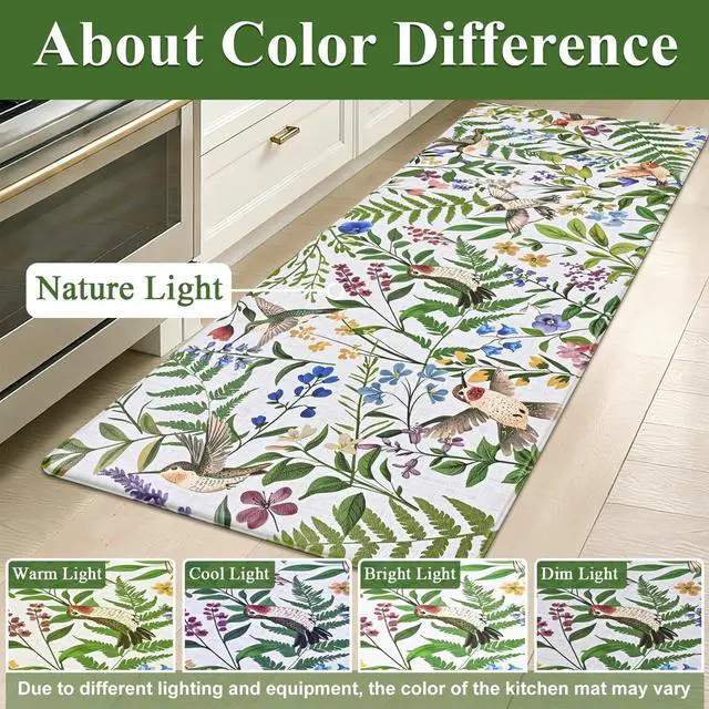 Alt view image 7 of 7 - White Kitchen Mats for Floor Sets of 2, Floral Anti Fatigue Mats for Kitchen Floor Rug Cushioned, Farmhouse Kitchen Rugs Non Slip, Bird Waterproof Mat for Laundry Office, 17.3"×30"+17.3"×47"