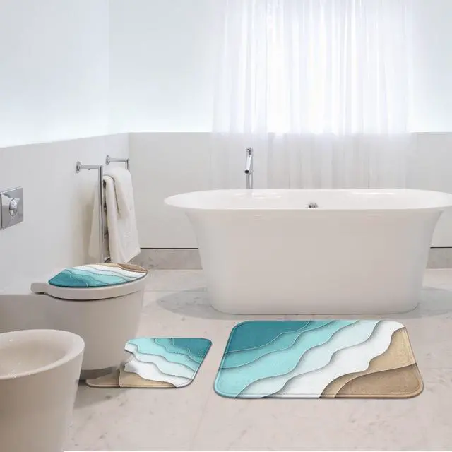 Alt view image 5 of 6 - Bathroom Rug Set of 3 3 Pieces Bath Mats Set Abstract Blue Beach No Slip Washable Cover Floor Rug Decorations for Bathroom
