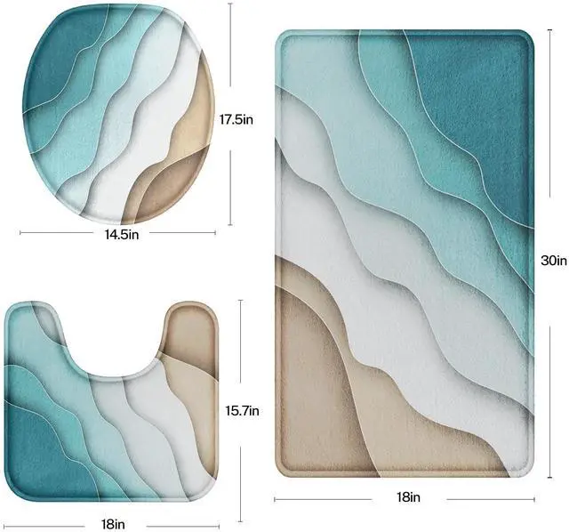 Alt view image 6 of 6 - Bathroom Rug Set of 3 3 Pieces Bath Mats Set Abstract Blue Beach No Slip Washable Cover Floor Rug Decorations for Bathroom