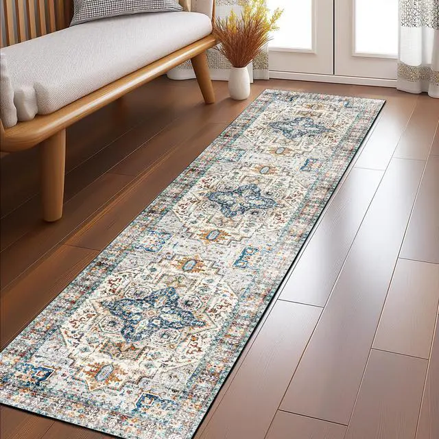 Alt view image 7 of 7 - 2x8 Hallway Runner Rug Washable : Vintage Soft Kitchen Laundry Runner Non Slip,Farmhouse Entryway Bathroom Distressed Floor Mat,Stain Resistant Bedroom Living Room Beside Carpet
